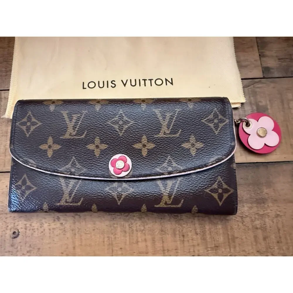 Louis Vuitton Wallet Women’s Brown Monogram Canvas Pink Flower Charm France - Picture 2 of 16